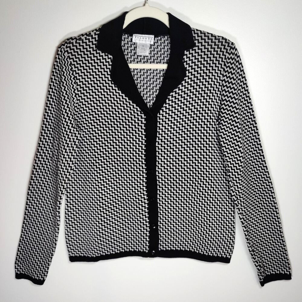 VTG Talbots Silk Cardigan Cotton Chevron Black White Knit Sweater M Y2K Academia
